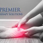 Person massaging painful foot, highlighting heel injury. Premier Therapy Solutions logo in background.