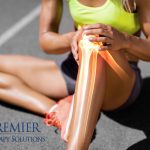 Athlete holding knee with pain relief illustration, Premier Therapy Solutions branding.
