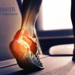Person walking on a treadmill with an X-ray view of an ankle injury highlighted in orange, logo of Premier Therapy Solutions.