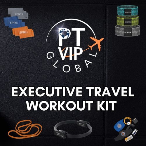 Executive travel workout kit with resistance bands, personal gear, and logo on black background.