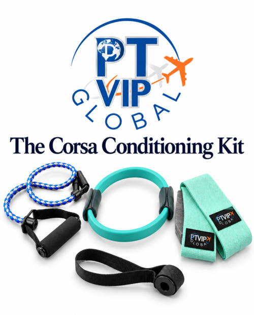 PT VIP Global logo with a blue circular emblem and orange plane, above the text 'The Corsa Conditioning Kit' and a set of blue/teal resistance bands and straps.