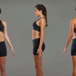 a front side and back pose from a woman with scoliosis in front of a grey background