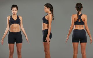 a front side and back pose from a woman with scoliosis in front of a grey background
