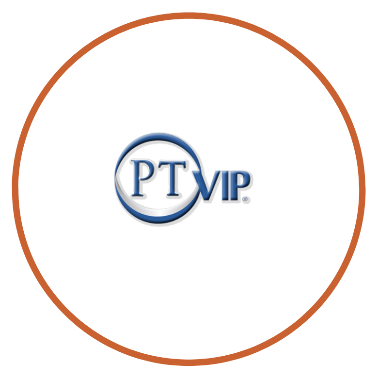 25 PTVIP logo with blue and orange design encircled by a thin orange border on a white background.