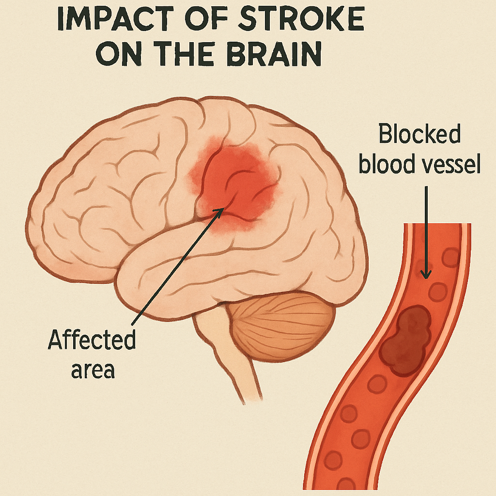 Diagram showing stroke's impact on brain with affected area and blocked blood vessel in illustration.