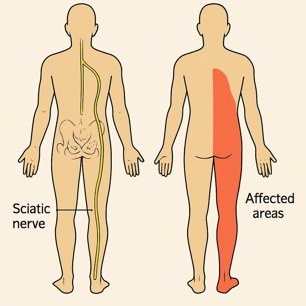 Diagram showing the sciatic nerve and areas affected by sciatica pain in human body.