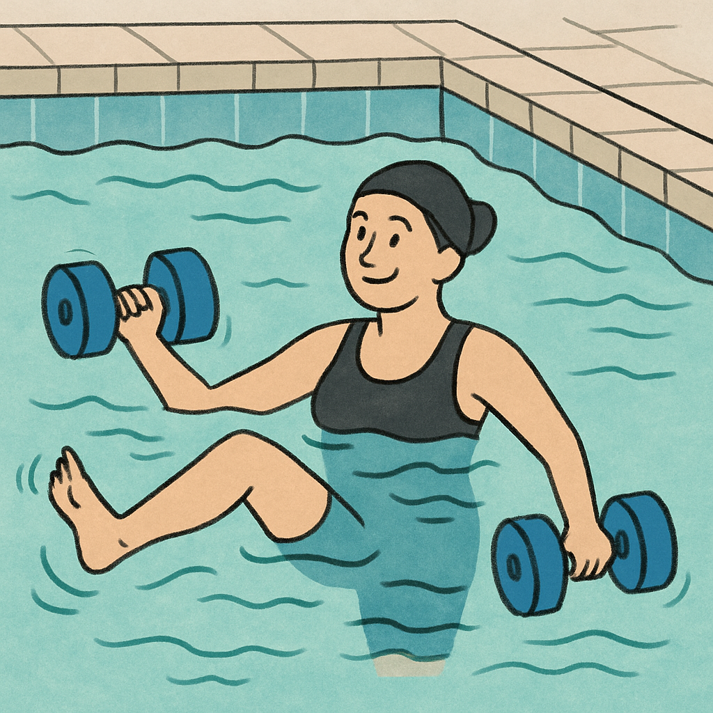 Person exercising in a pool with aqua dumbbells, promoting water aerobics and fitness.