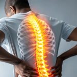Man holding his lower back with an illustrated glowing spine highlighting inflammation and pain.