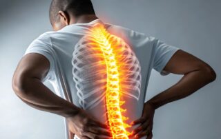 Man holding his lower back with an illustrated glowing spine highlighting inflammation and pain.